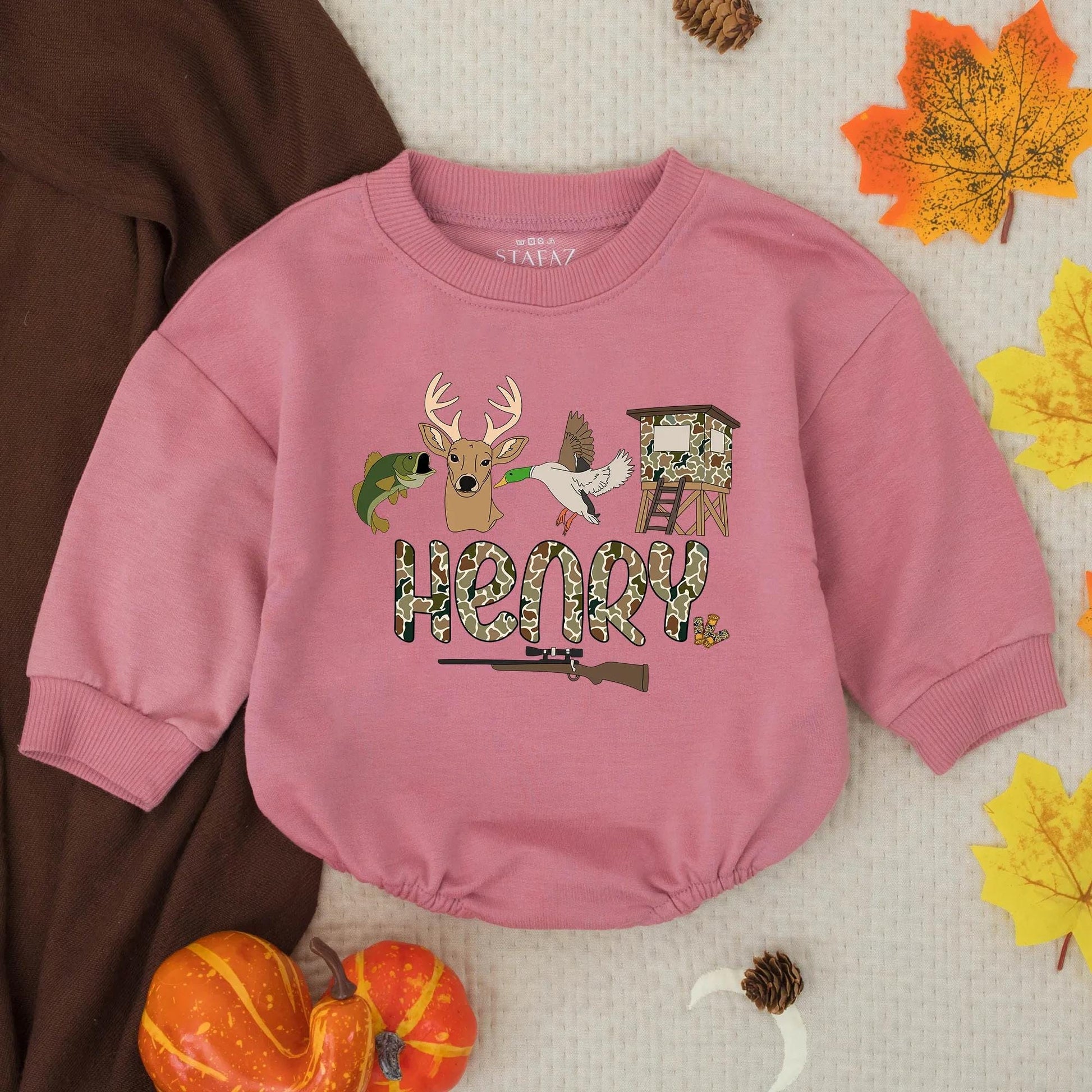 Personalized Lil' Hunter Romper: Custom Name Camo Baby Outfit with Bass, Deer & Duck Design, Outdoorsy Infant Clothes Gift for Baby Shower (139 chars)