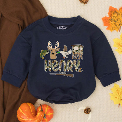 Personalized Lil' Hunter Romper: Custom Name Camo Baby Outfit with Bass, Deer & Duck Design, Outdoorsy Infant Clothes Gift for Baby Shower (139 chars)