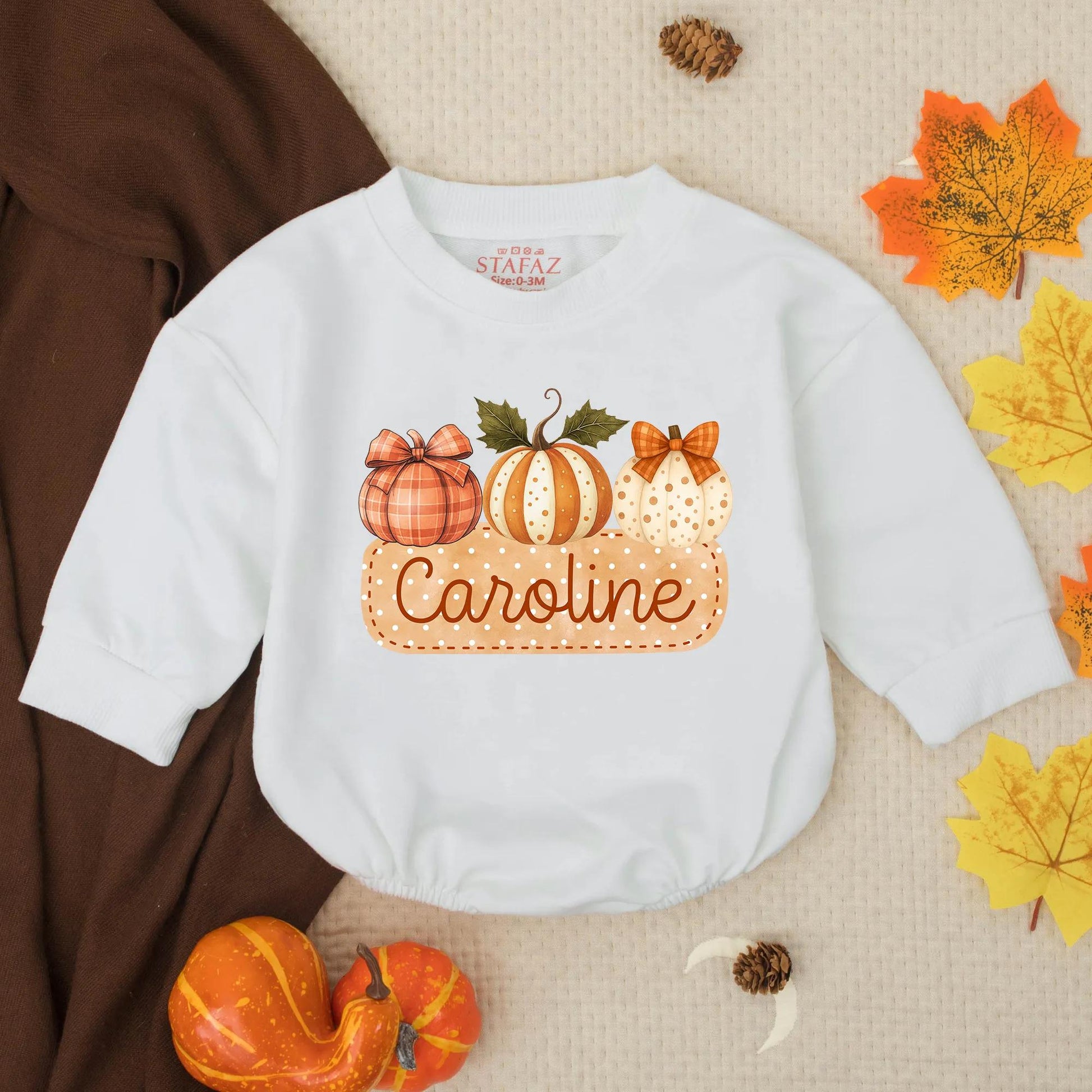 Personalized Name Girls Fall Pumpkin Bubble Romper with Cute Autumn Plaid Striped Polka Dot Pumpkins Ribbons Thanksgiving Baby Toddler Outfit Gift