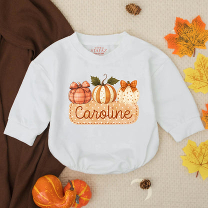 Personalized Name Girls Fall Pumpkin Bubble Romper with Cute Autumn Plaid Striped Polka Dot Pumpkins Ribbons Thanksgiving Baby Toddler Outfit Gift