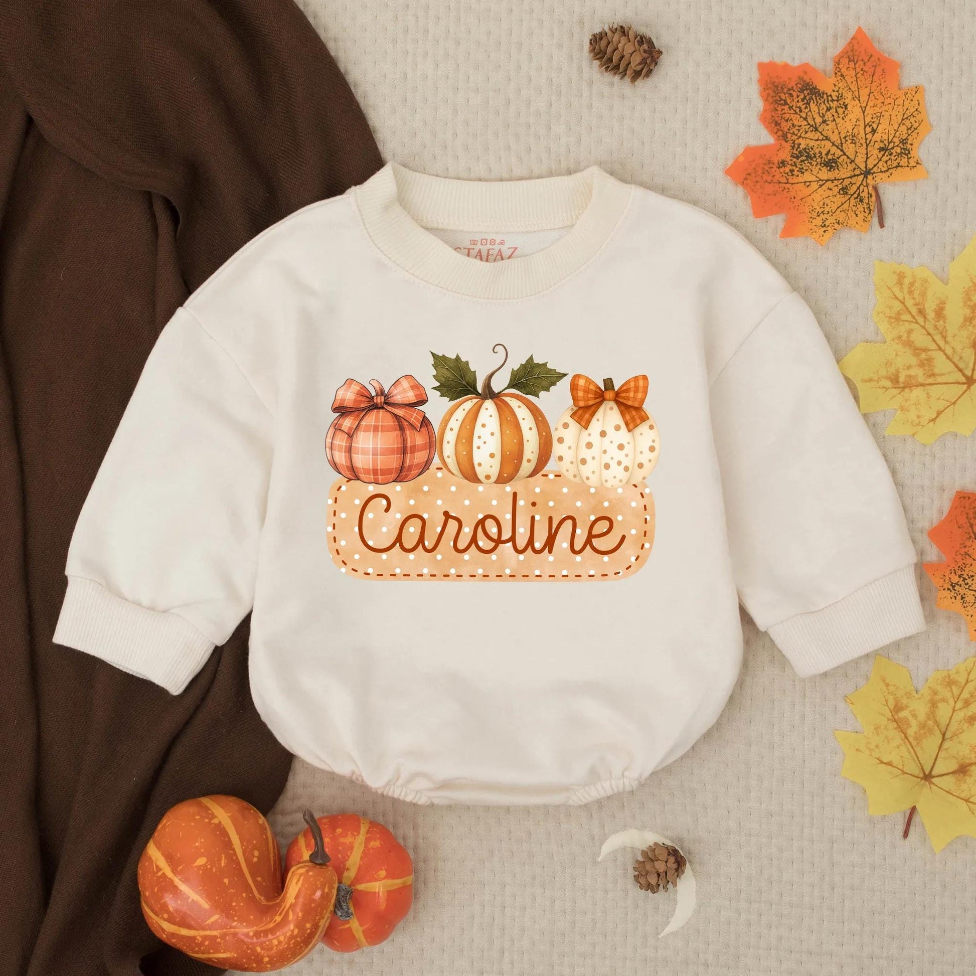 Personalized Name Girls Fall Pumpkin Bubble Romper with Cute Autumn Plaid Striped Polka Dot Pumpkins Ribbons Thanksgiving Baby Toddler Outfit Gift