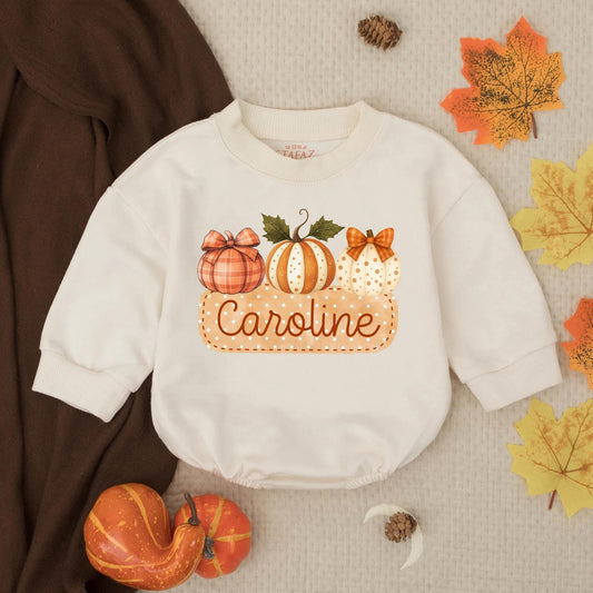Personalized Name Girls Fall Pumpkin Bubble Romper with Cute Autumn Plaid Striped Polka Dot Pumpkins Ribbons Thanksgiving Baby Toddler Outfit Gift