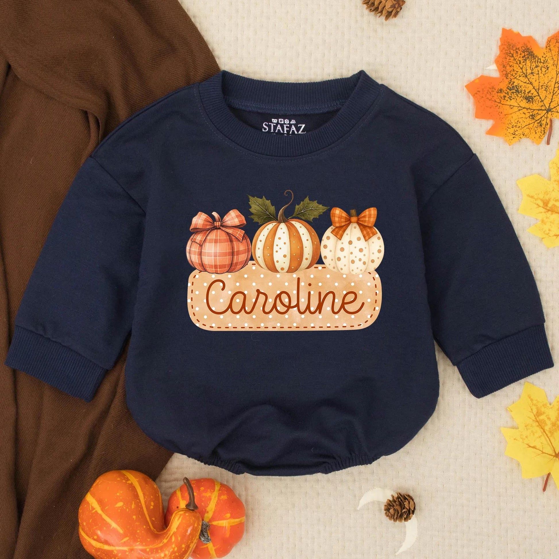 Personalized Name Girls Fall Pumpkin Bubble Romper with Cute Autumn Plaid Striped Polka Dot Pumpkins Ribbons Thanksgiving Baby Toddler Outfit Gift