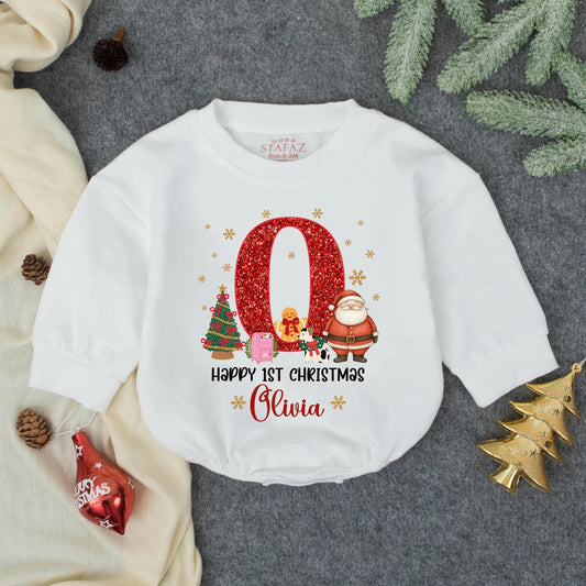 Custom Girly Red Glitter First Christmas Bubble Romper with Olivia's Name and Gold Snowflakes Happy 1st Christmas Baby Girl Outfit Toddler Santa Winter Gift