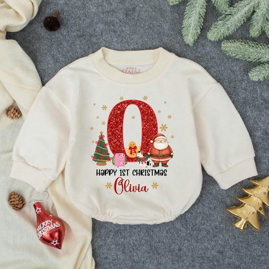 Custom Girly Red Glitter First Christmas Bubble Romper with Olivia's Name and Gold Snowflakes Happy 1st Christmas Baby Girl Outfit Toddler Santa Winter Gift