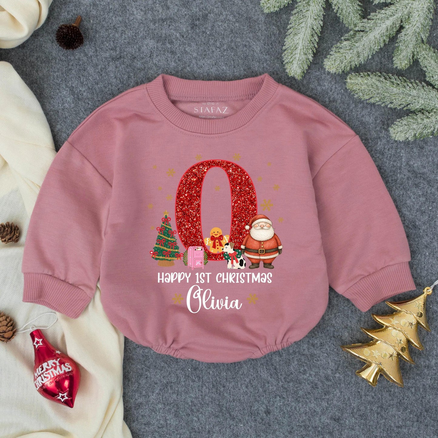 Custom Girly Red Glitter First Christmas Bubble Romper with Olivia's Name and Gold Snowflakes Happy 1st Christmas Baby Girl Outfit Toddler Santa Winter Gift