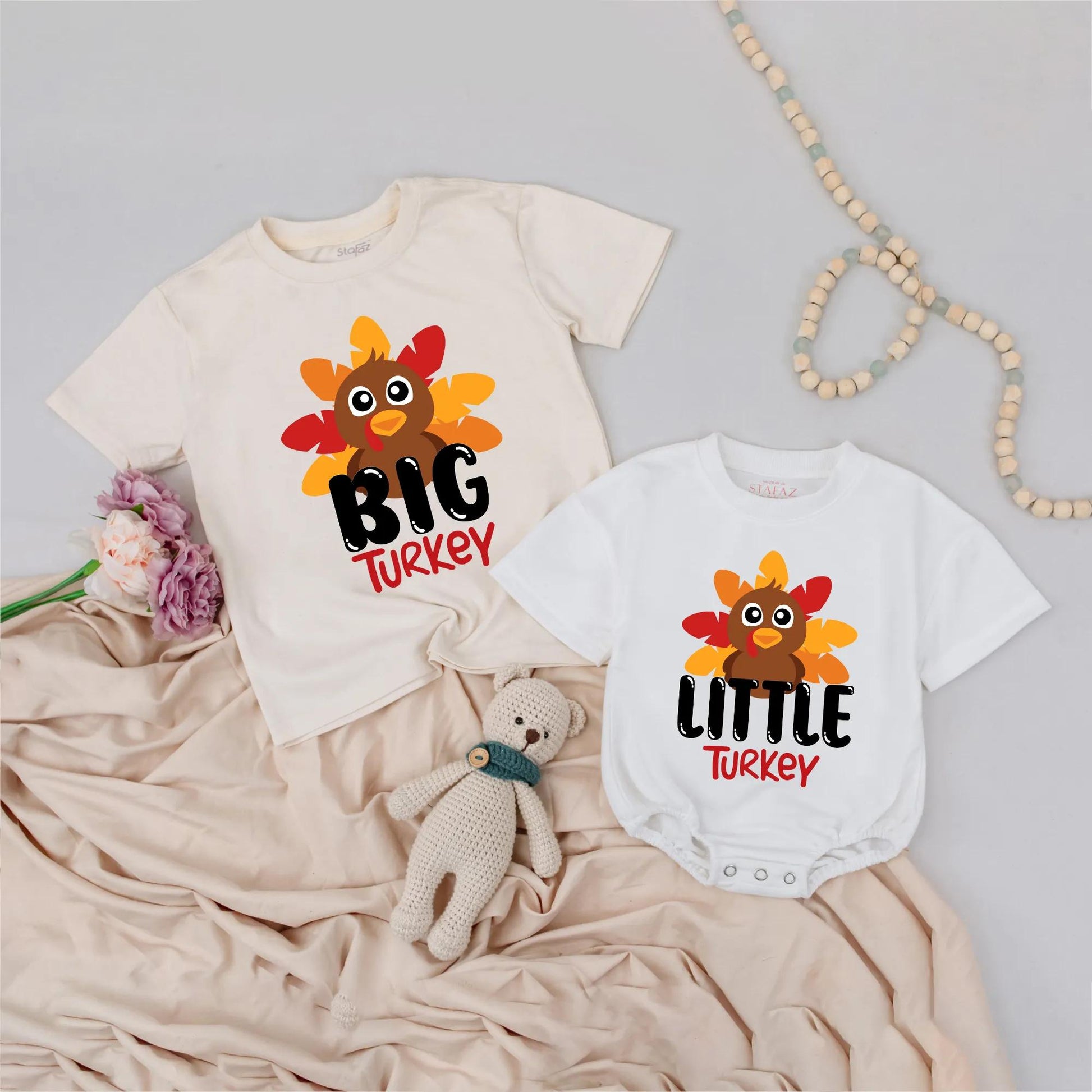 Custom Matching Big Little Turkey Sibling Kids Outfit with Playful Cartoon Turkeys Colorful Red Orange Yellow Feathers Thanksgiving Gift