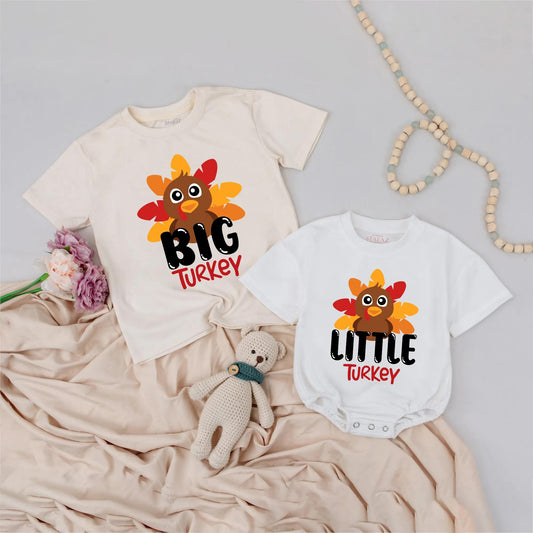 Custom Matching Big Little Turkey Sibling Kids Outfit with Playful Cartoon Turkeys Colorful Red Orange Yellow Feathers Thanksgiving Gift