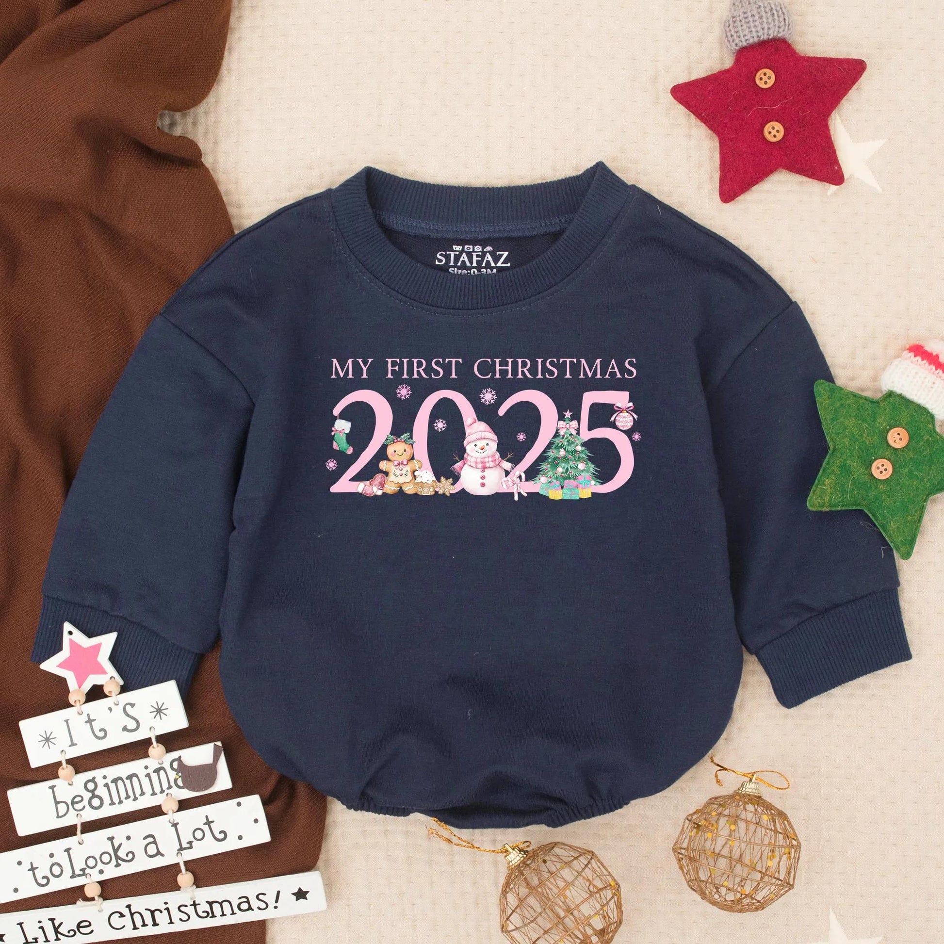 Baby Girl's First Christmas 2025 Pink Romper with Snowflakes & Festive Figures Newborn Holiday Gift