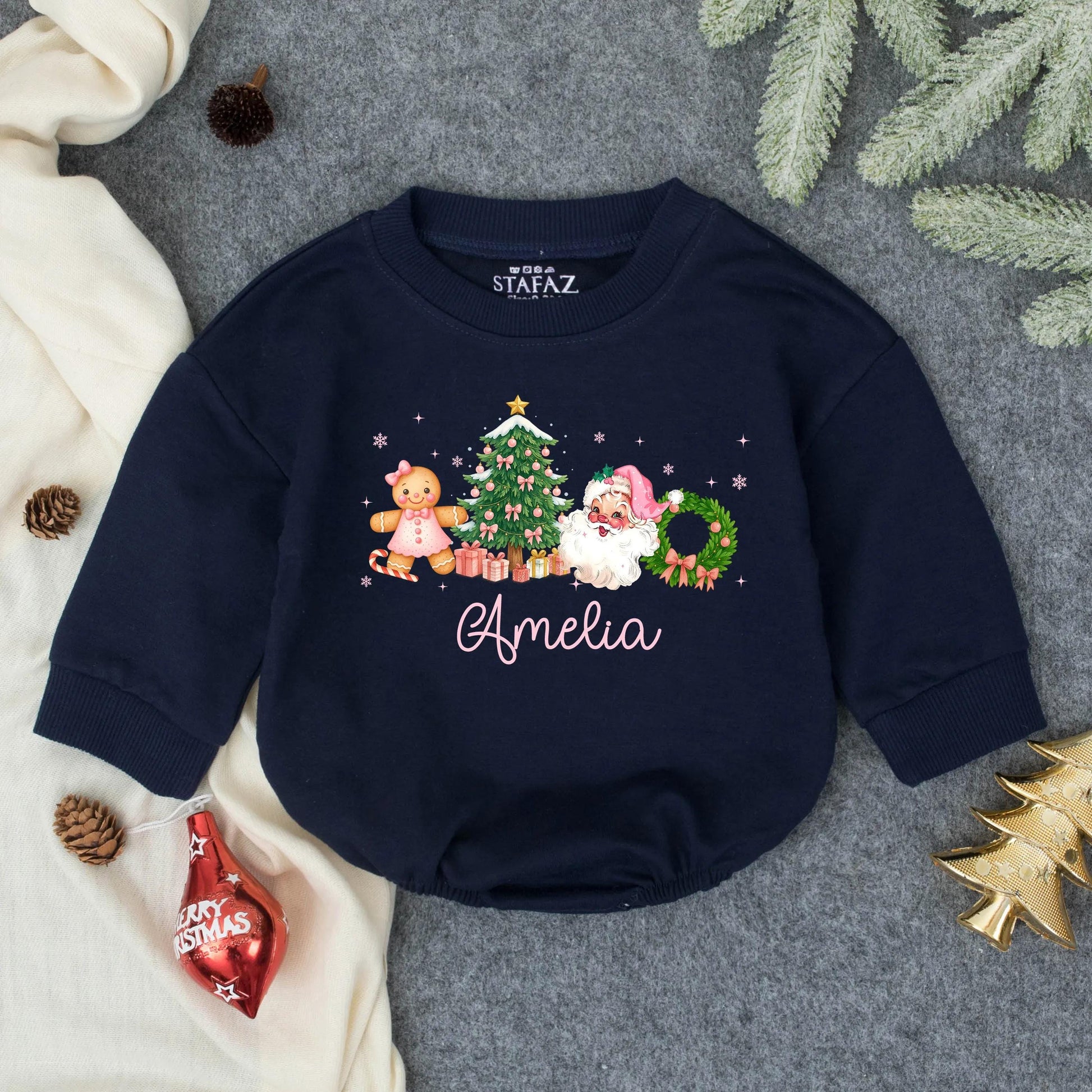 Amelia's Merry Christmas Baby Girl Romper, Pink Gingerbread & Snowflake Design, First Christmas Outfit, Personalized Toddler Gift