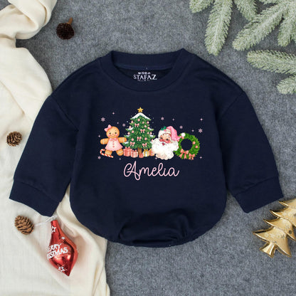Amelia's Merry Christmas Baby Girl Romper, Pink Gingerbread & Snowflake Design, First Christmas Outfit, Personalized Toddler Gift