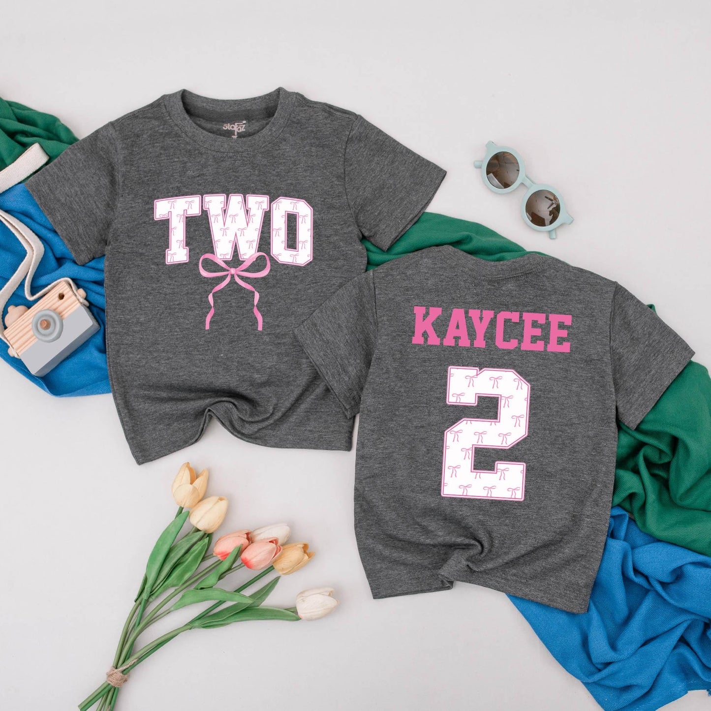 Two Birthday Girl Personalized Tee with Pink Bows Cute 2nd Birthday Outfit Toddler Party Shirt Custom Name Birthday Gift Idea Girl Second Birthday 138