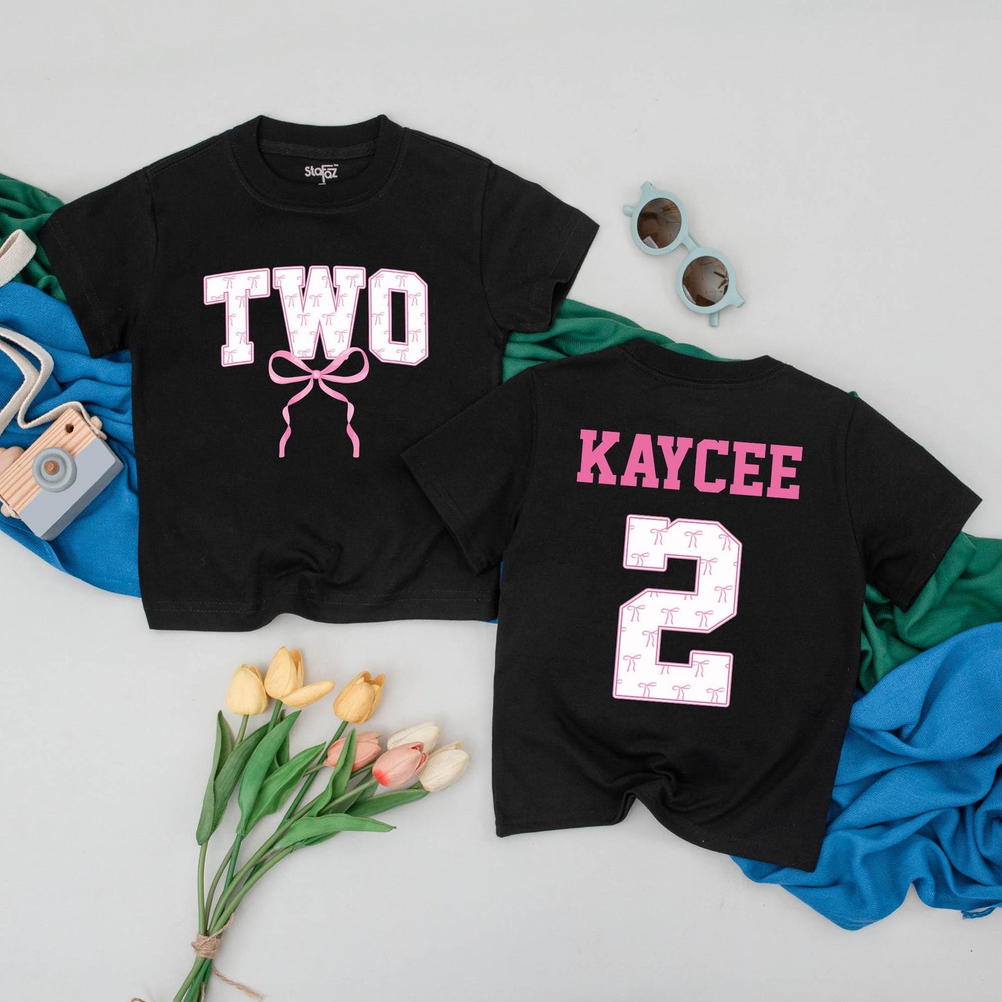 Two Birthday Girl Personalized Tee with Pink Bows Cute 2nd Birthday Outfit Toddler Party Shirt Custom Name Birthday Gift Idea Girl Second Birthday 138
