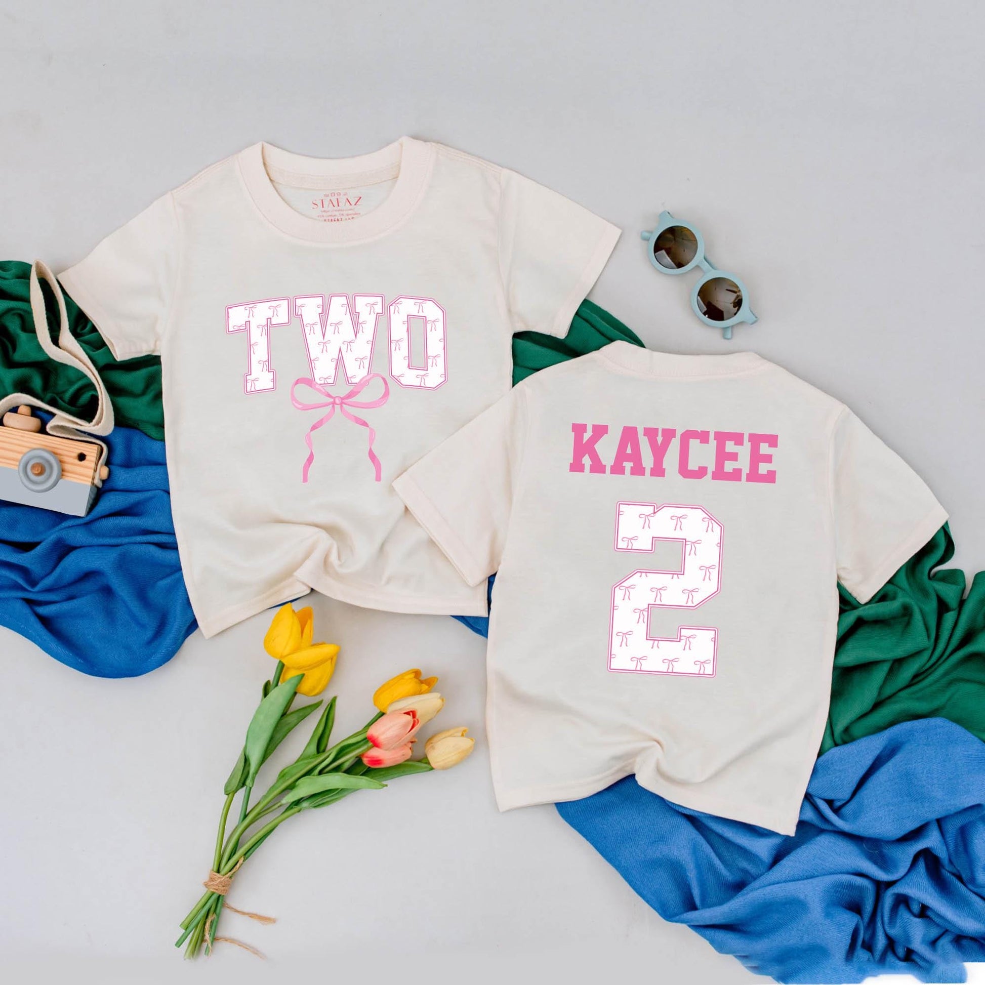 Two Birthday Girl Personalized Tee with Pink Bows Cute 2nd Birthday Outfit Toddler Party Shirt Custom Name Birthday Gift Idea Girl Second Birthday 138