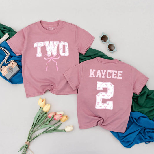 Two Birthday Girl Personalized Tee with Pink Bows Cute 2nd Birthday Outfit Toddler Party Shirt Custom Name Birthday Gift Idea Girl Second Birthday 138