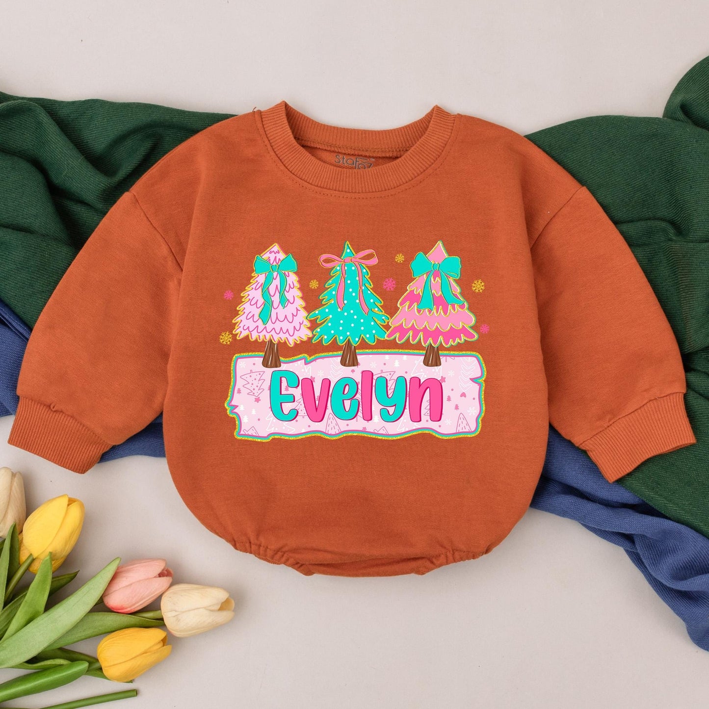 Evelyn Personalized Christmas Girly Romper Pink Teal Trees Bows Snowflakes Baby Winter Outfit Adorable Xmas Gift Newborn Girl First Christmas