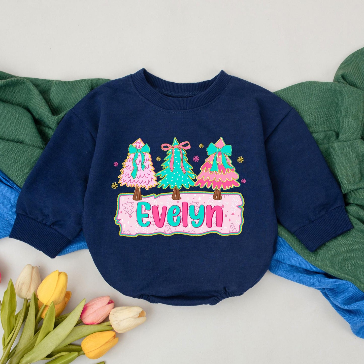 Evelyn Personalized Christmas Girly Romper Pink Teal Trees Bows Snowflakes Baby Winter Outfit Adorable Xmas Gift Newborn Girl First Christmas