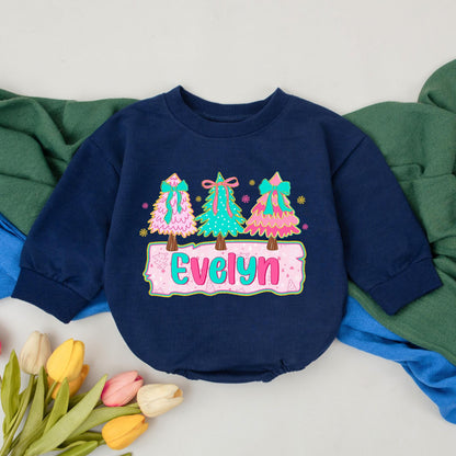 Evelyn Personalized Christmas Girly Romper Pink Teal Trees Bows Snowflakes Baby Winter Outfit Adorable Xmas Gift Newborn Girl First Christmas
