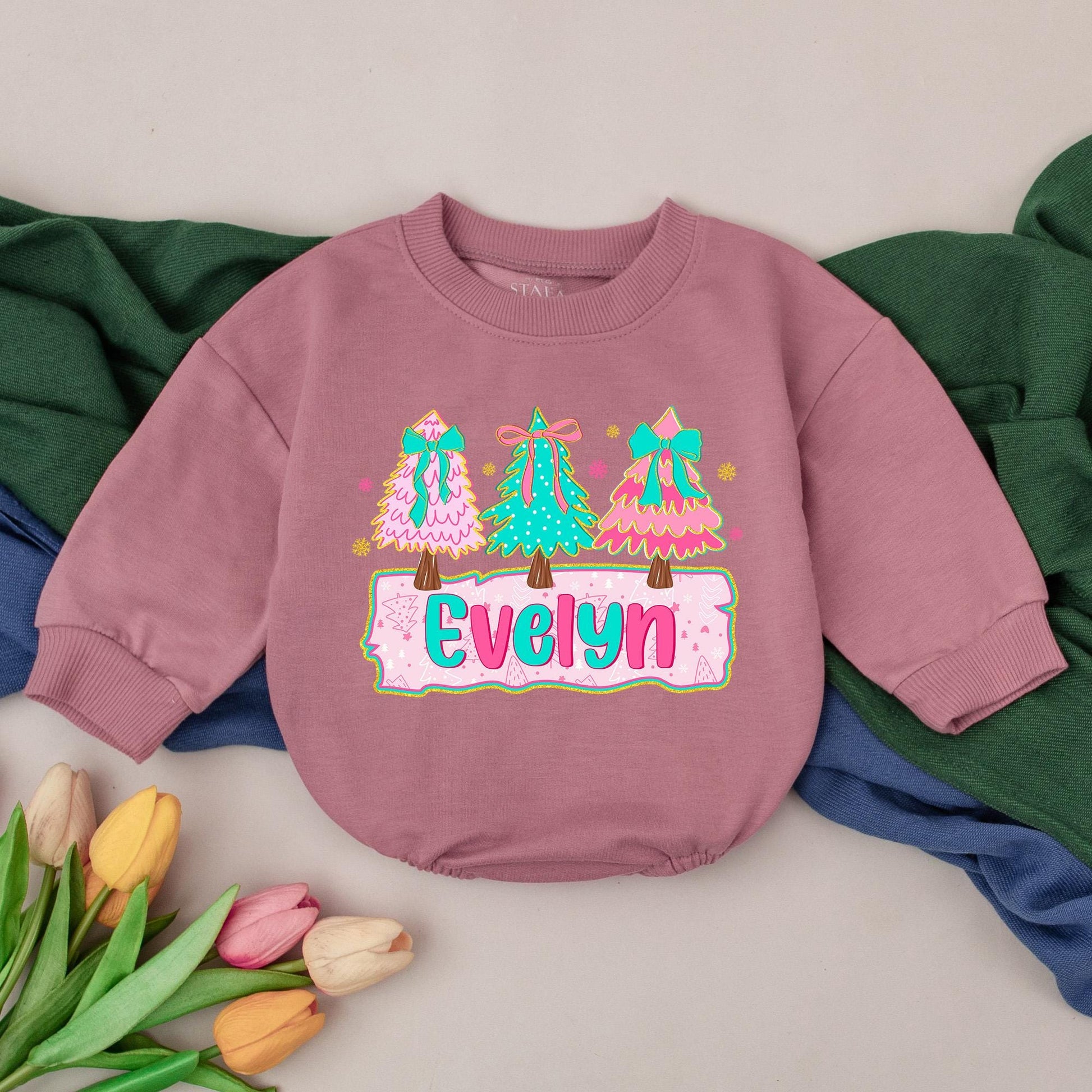 Evelyn Personalized Christmas Girly Romper Pink Teal Trees Bows Snowflakes Baby Winter Outfit Adorable Xmas Gift Newborn Girl First Christmas