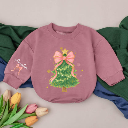 Personalized Baby Girl Christmas Tree Romper Pink Bow Gold Star Lights Whimsical Watercolor Xmas Bodysuit Custom Name Winter Outfit Festive First Christmas Gift