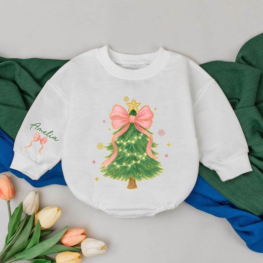 Personalized Baby Girl Christmas Tree Romper Pink Bow Gold Star Lights Whimsical Watercolor Xmas Bodysuit Custom Name Winter Outfit Festive First Christmas Gift