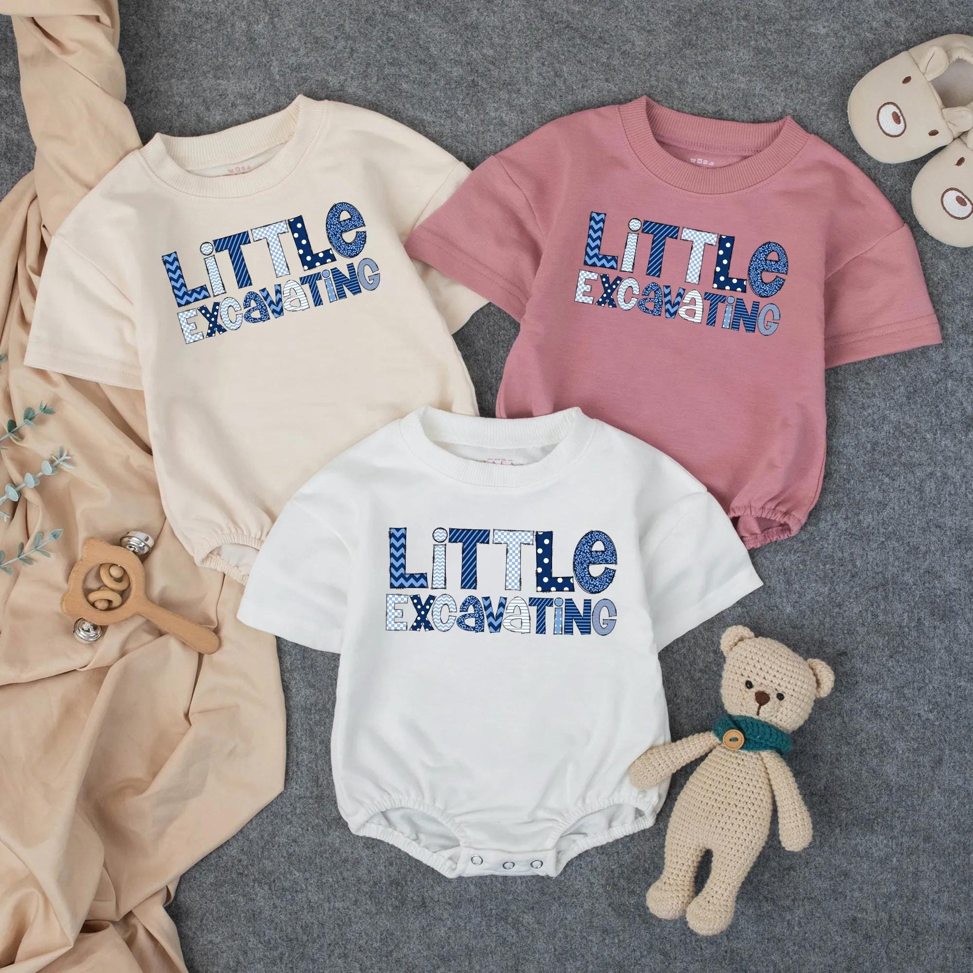 Little Excavating Personalized Boy Bubble Romper Baby Shower Gift Custom Name Toddler Birthday Outfit Blue Print Cotton