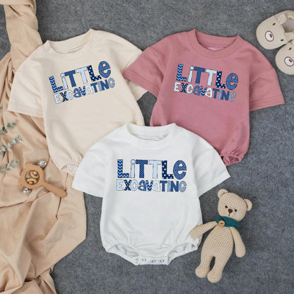 Little Excavating Personalized Boy Bubble Romper Baby Shower Gift Custom Name Toddler Birthday Outfit Blue Print Cotton