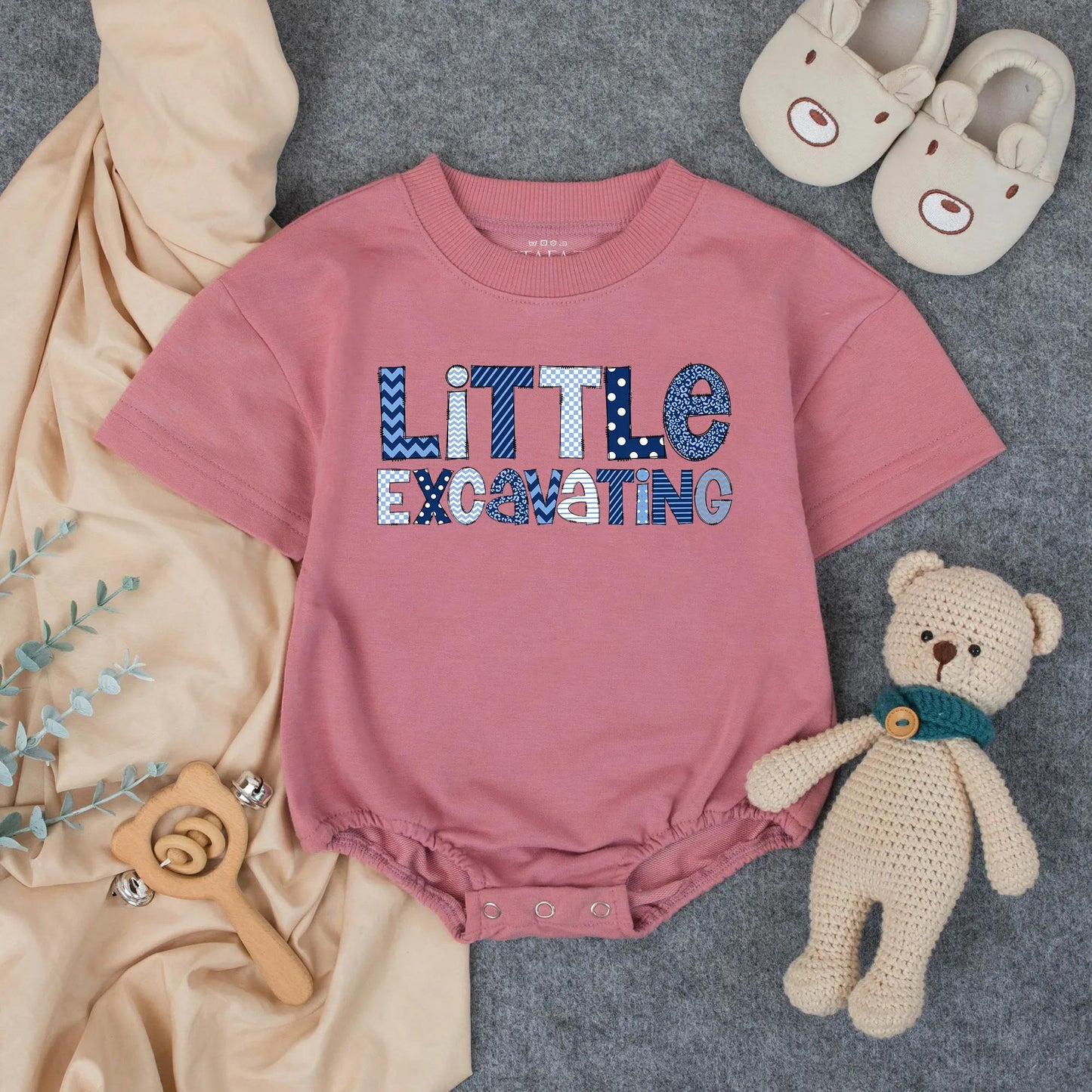Little Excavating Personalized Boy Bubble Romper Baby Shower Gift Custom Name Toddler Birthday Outfit Blue Print Cotton