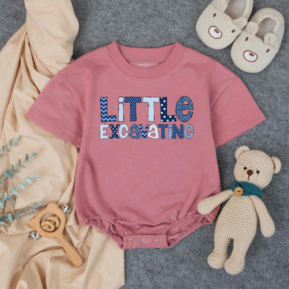 Little Excavating Personalized Boy Bubble Romper Baby Shower Gift Custom Name Toddler Birthday Outfit Blue Print Cotton