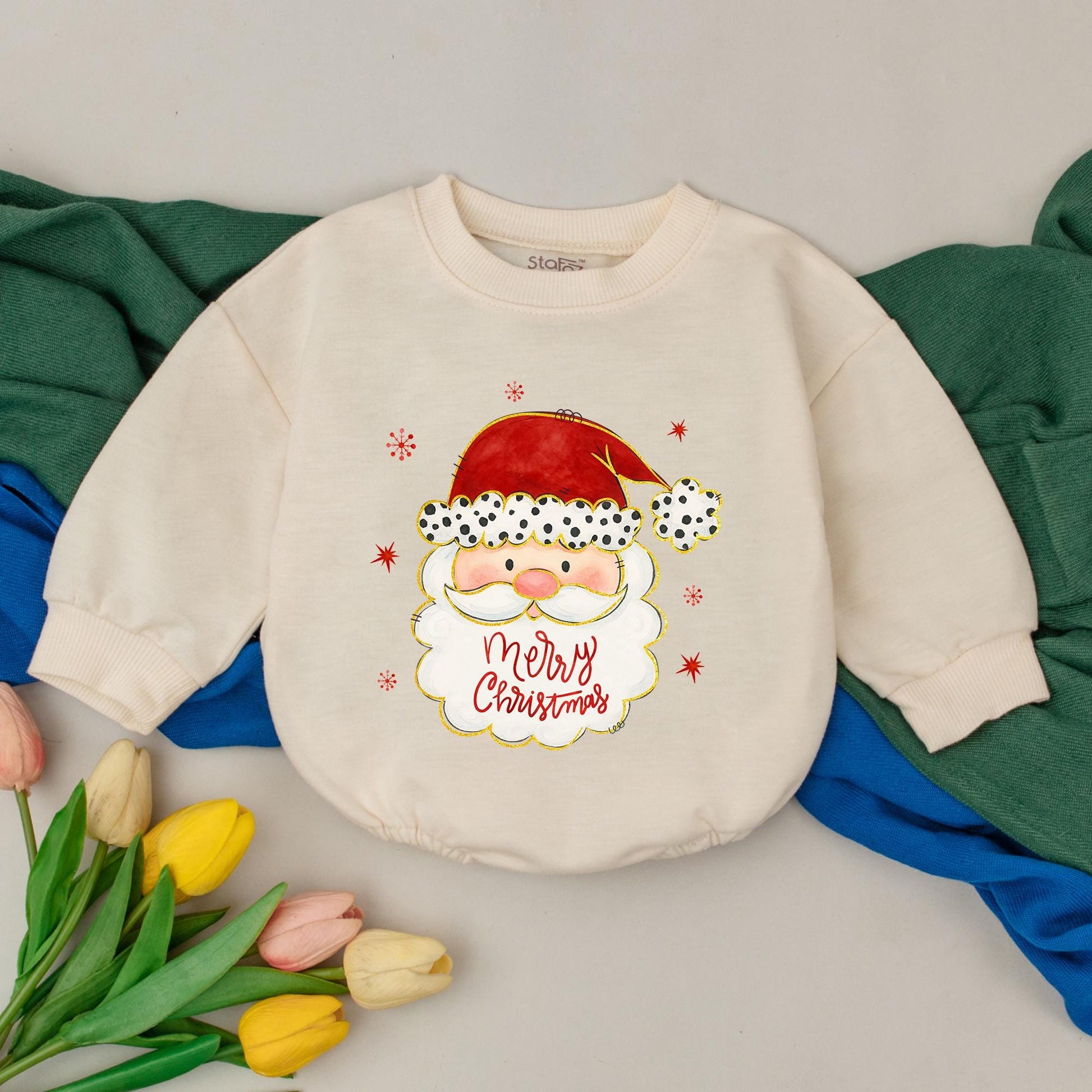 Vintage Santa Romper: Merry Christmas Baby Outfit, First Xmas Bodysuit, Hand-Drawn Style, Red Snowflake Winter Clothes Gift, Newborn Girl (138 chars)