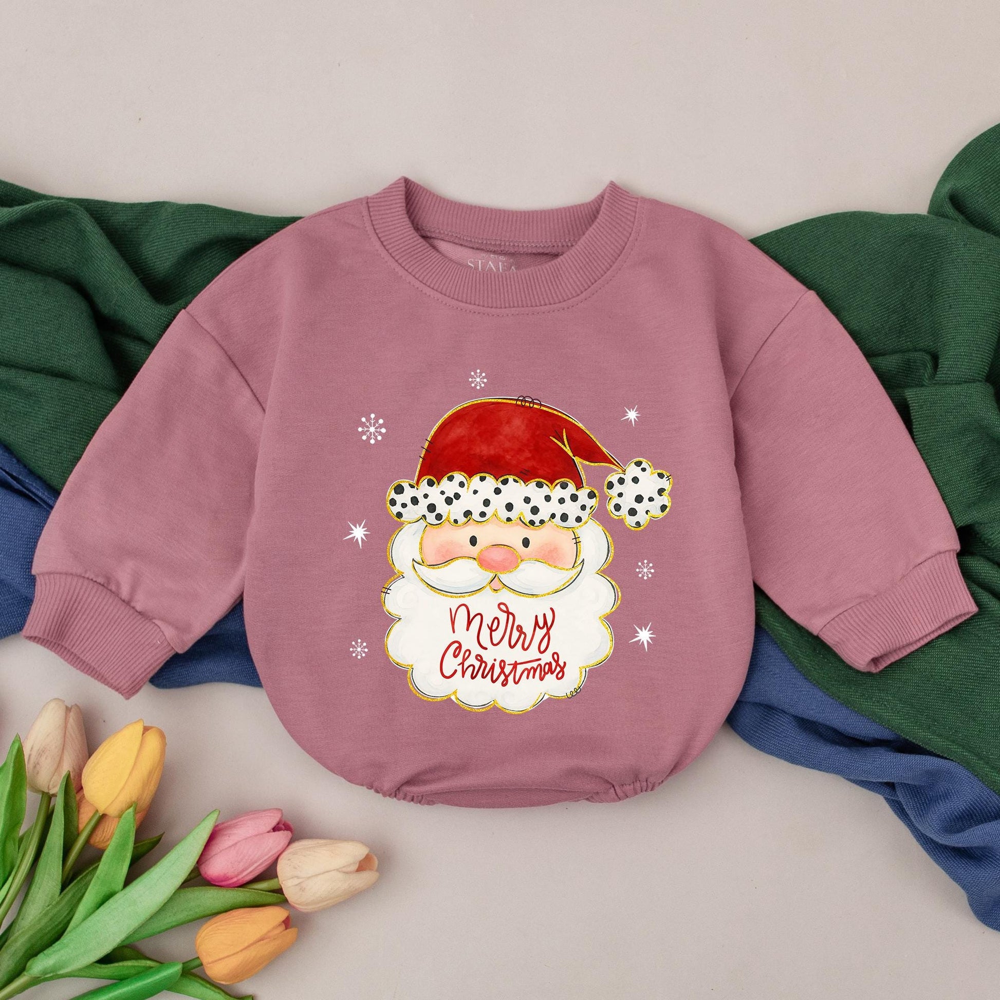 Vintage Santa Romper: Merry Christmas Baby Outfit, First Xmas Bodysuit, Hand-Drawn Style, Red Snowflake Winter Clothes Gift, Newborn Girl (138 chars)