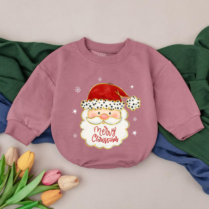 Vintage Santa Romper: Merry Christmas Baby Outfit, First Xmas Bodysuit, Hand-Drawn Style, Red Snowflake Winter Clothes Gift, Newborn Girl (138 chars)