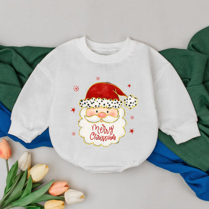 Vintage Santa Romper: Merry Christmas Baby Outfit, First Xmas Bodysuit, Hand-Drawn Style, Red Snowflake Winter Clothes Gift, Newborn Girl (138 chars)