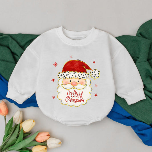 Vintage Santa Romper: Merry Christmas Baby Outfit, First Xmas Bodysuit, Hand-Drawn Style, Red Snowflake Winter Clothes Gift, Newborn Girl (138 chars)