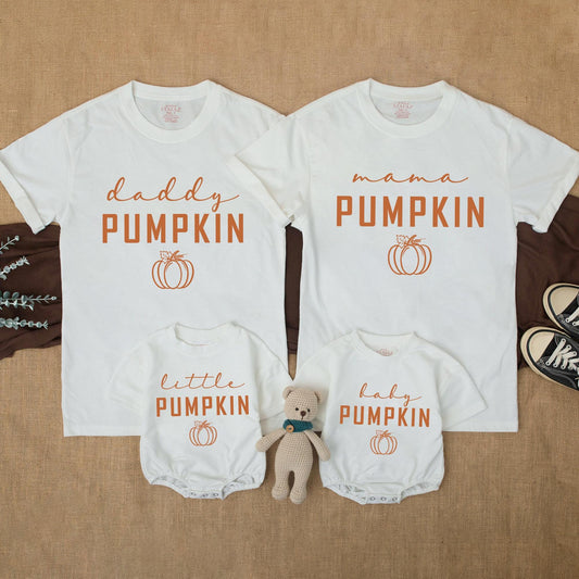 Matching Family Fall Pumpkin Shirts Mama Daddy Little Baby Thanksgiving Outfits with Warm Brown Bold PUMPKIN Text, Cursive Details and Curly Vines