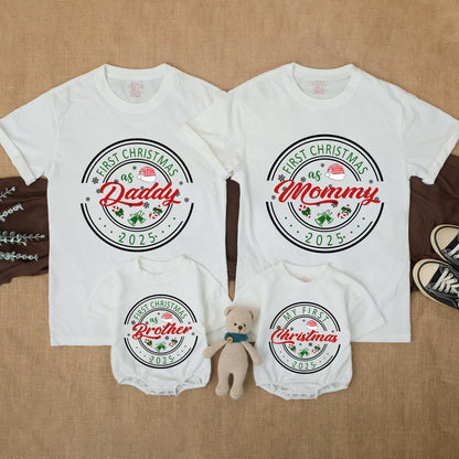 My First Christmas 2025 Personalized Family Matching Shirt for Mom Dad Brother Baby Vintage Festive Snowflakes Candy Canes