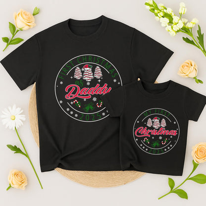 Personalized First Christmas Family Matching Shirt 2025 with Names Festive Red Green Tree Snowflake Bell Candy Cane Design Soft Cotton Holiday