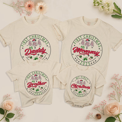 Personalized First Christmas Family Matching Shirt 2025 with Names Festive Red Green Tree Snowflake Bell Candy Cane Design Soft Cotton Holiday