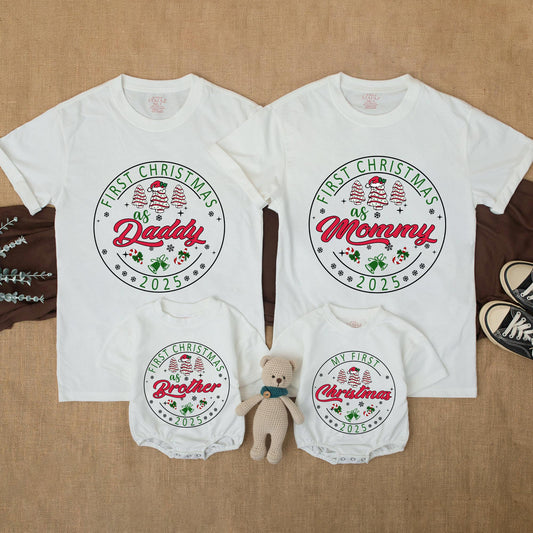 Personalized First Christmas Family Matching Shirt 2025 with Names Festive Red Green Tree Snowflake Bell Candy Cane Design Soft Cotton Holiday