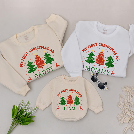 Matching Family Christmas Sweatshirts - My First Christmas As Mommy, Daddy, or Liam! Red & Green Festive Holiday Gifts for New Parents