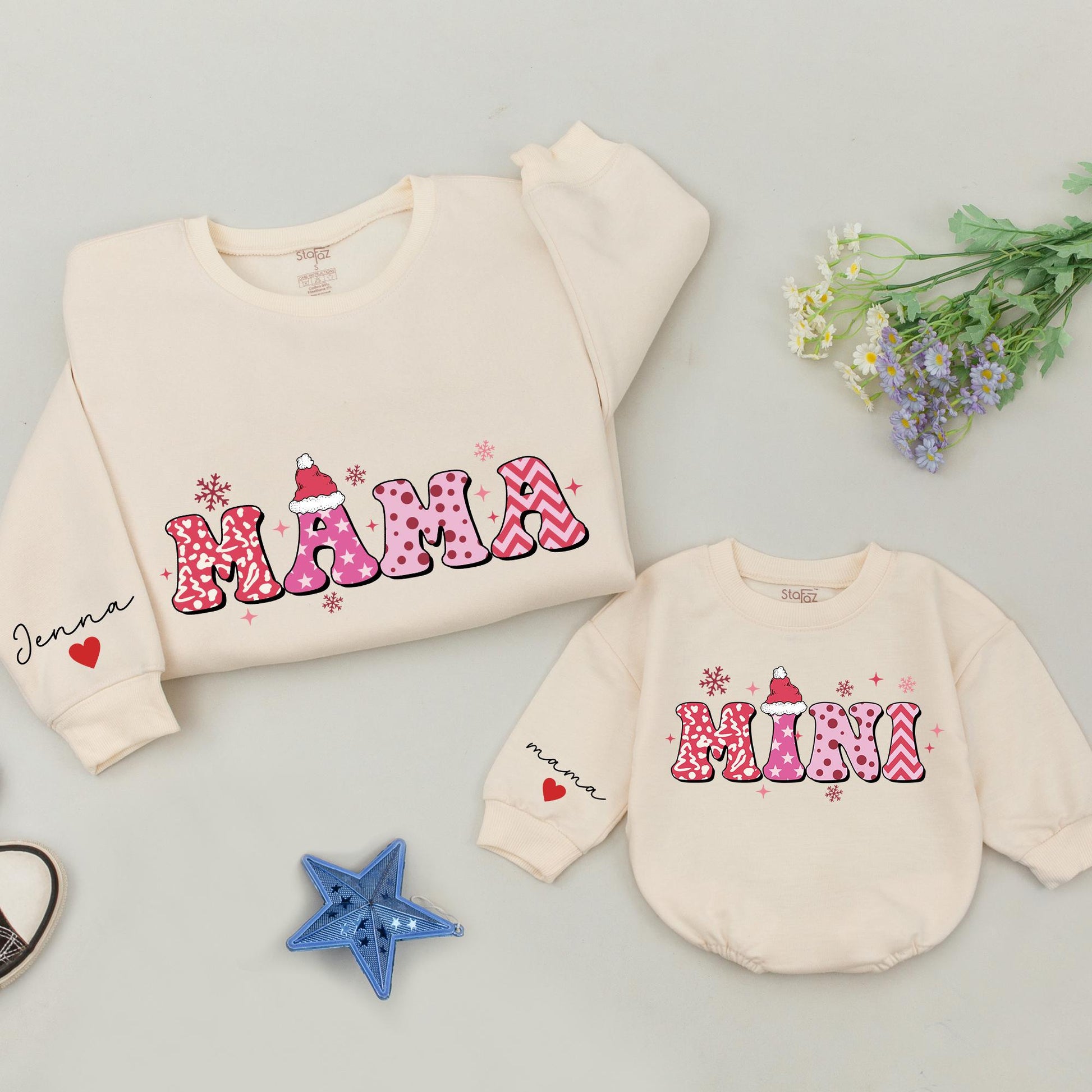 Personalized Retro Pink Mommy and Me Christmas Sweatshirt Set with Patterned Block Letters, Santa Hats, Snowflakes, Custom Name Heart Sleeve