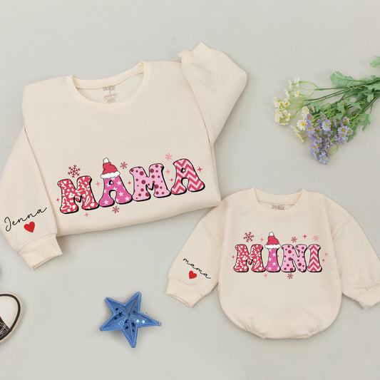 Personalized Retro Pink Mommy and Me Christmas Sweatshirt Set with Patterned Block Letters, Santa Hats, Snowflakes, Custom Name Heart Sleeve