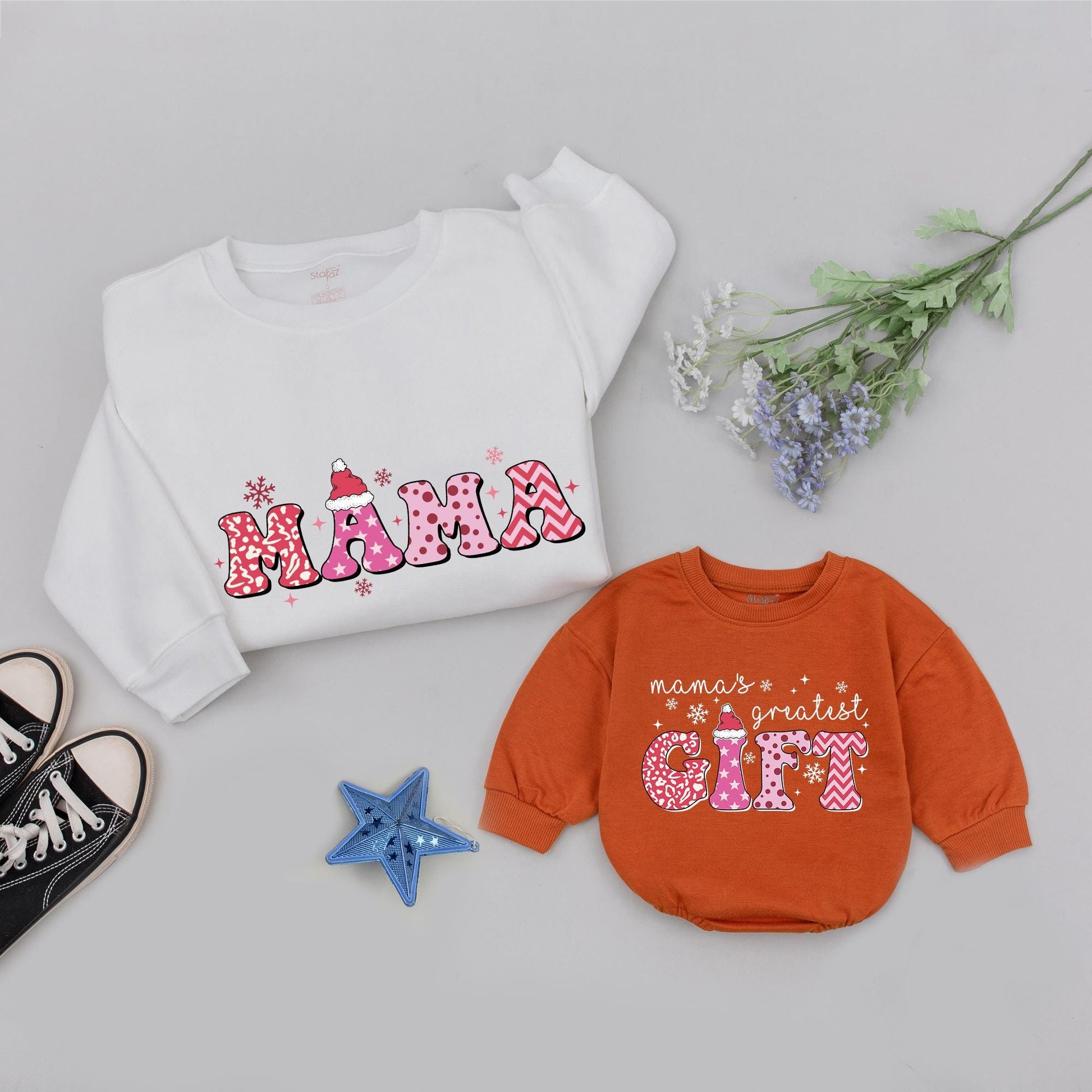Personalized Mama & Me Pink Christmas Sweatshirts, Matching Baby Romper, Retro Holiday Outfits with Santa Hats and Playful Patterns