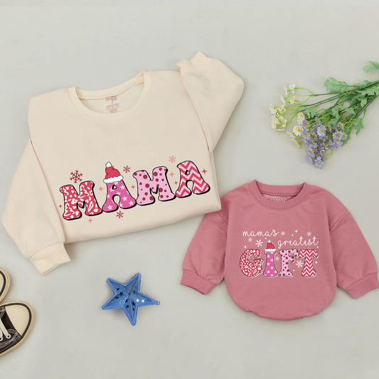 Personalized Mama & Me Pink Christmas Sweatshirts, Matching Baby Romper, Retro Holiday Outfits with Santa Hats and Playful Patterns