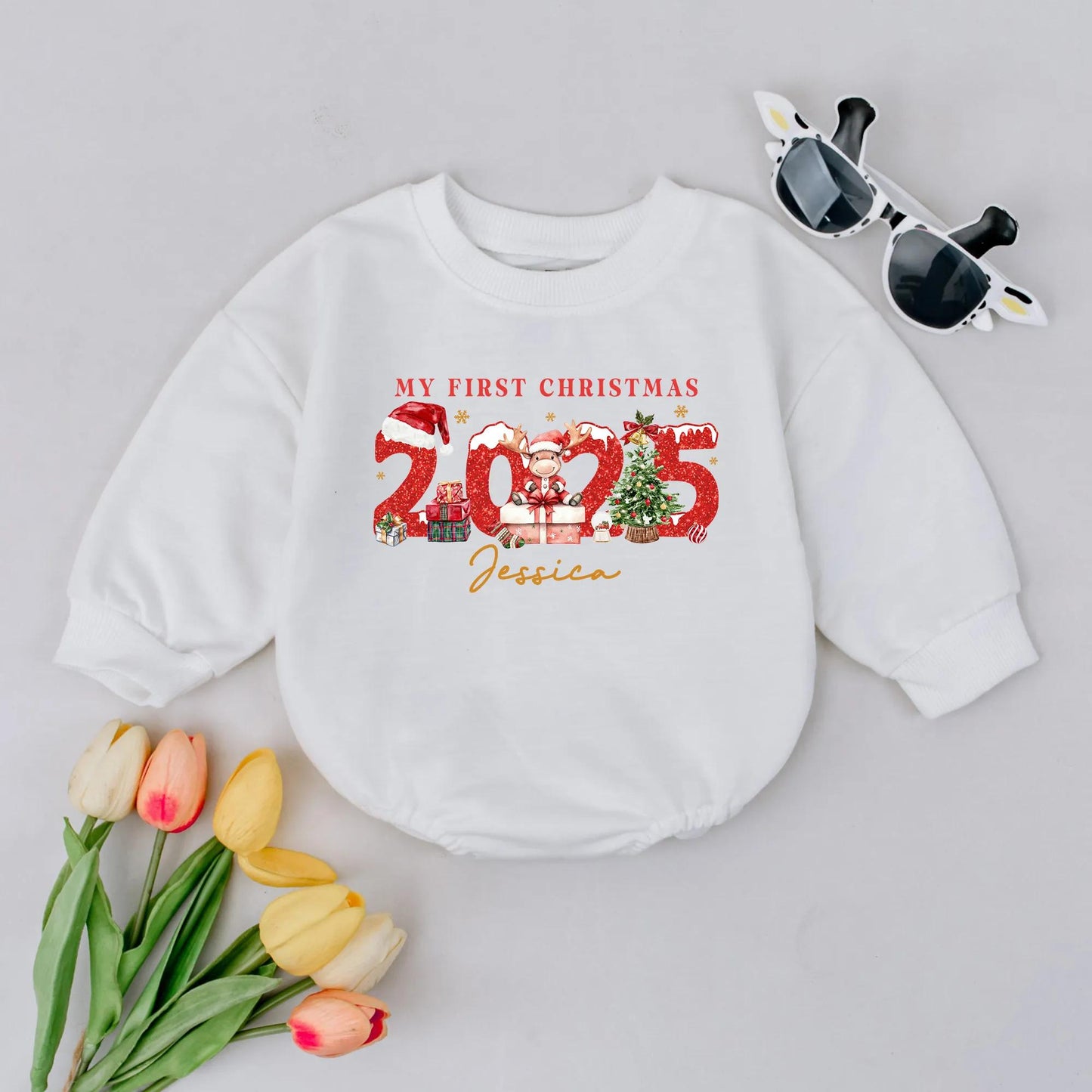 Personalized My First Christmas 2025 Romper, Custom Name Baby Bodysuit, Festive Holiday Outfit, Glitter Xmas Gift, Infant Clothes, Newborn Romper (Jessica)