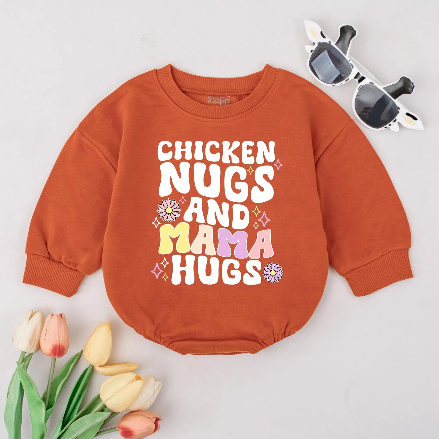 Chicken Nugs & Mama Hugs Bubble Romper Whimsical Retro Baby Toddler Clothes Cute New Mom Gift Gender Neutral