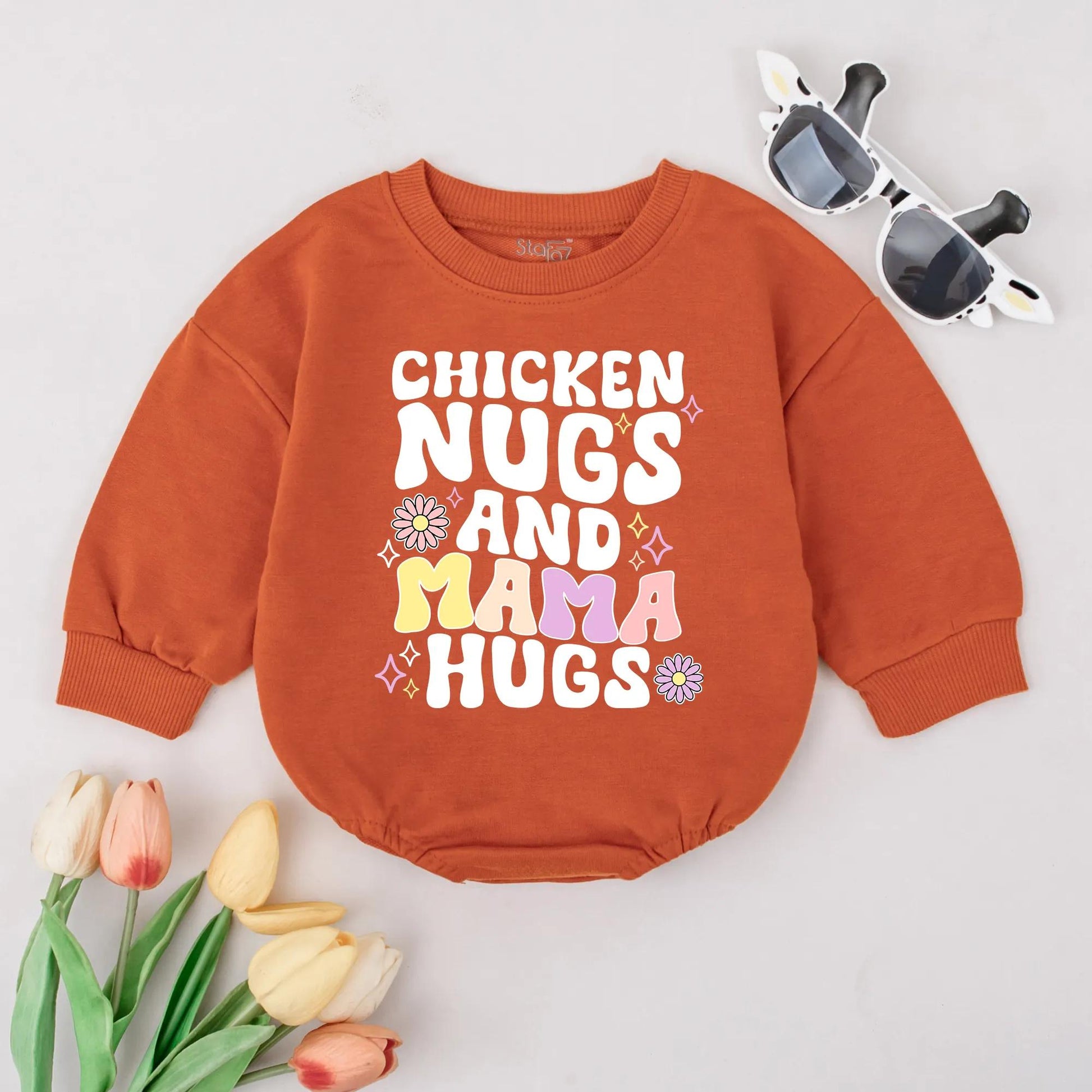 Chicken Nugs & Mama Hugs Bubble Romper Whimsical Retro Baby Toddler Clothes Cute New Mom Gift Gender Neutral