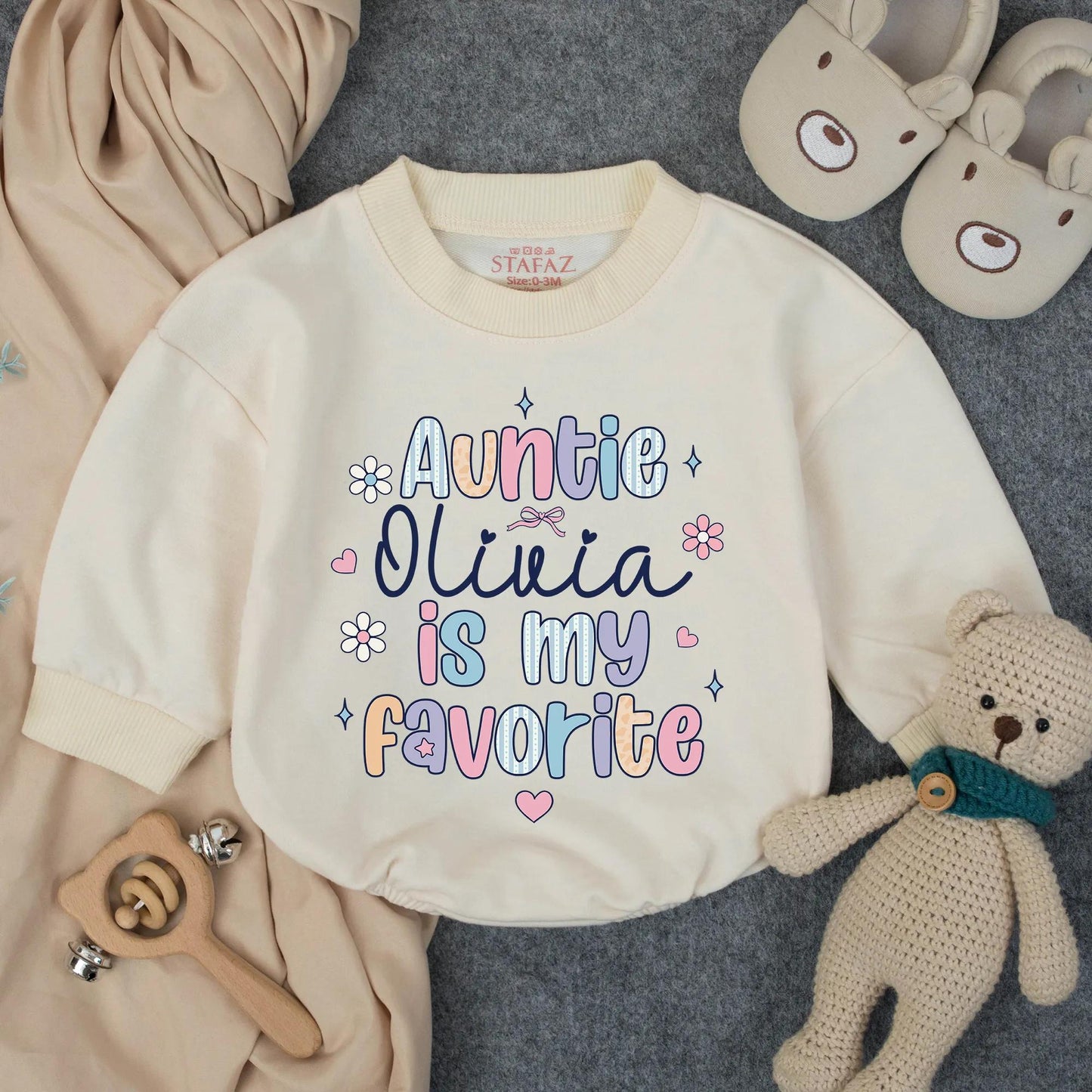 Customized Auntie Olivia is My Favorite Baby Romper Pastel Whimsical Font Cute Hand-drawn Design New Aunt Gift Infant Bodysuit Toddler Outfit