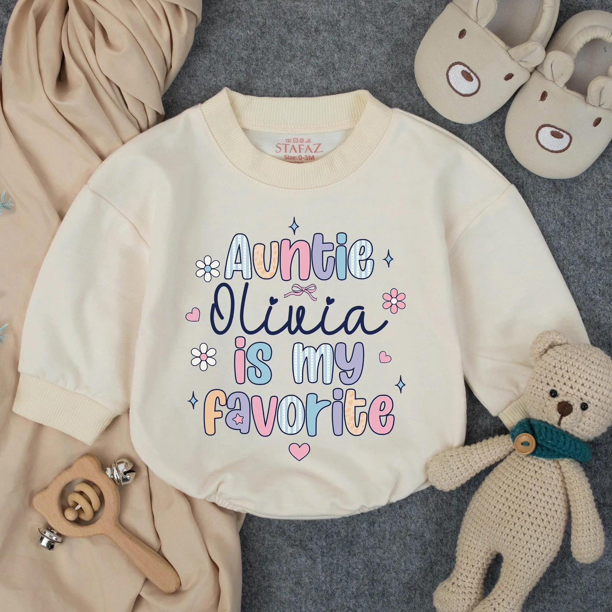Customized Auntie Olivia is My Favorite Baby Romper Pastel Whimsical Font Cute Hand-drawn Design New Aunt Gift Infant Bodysuit Toddler Outfit