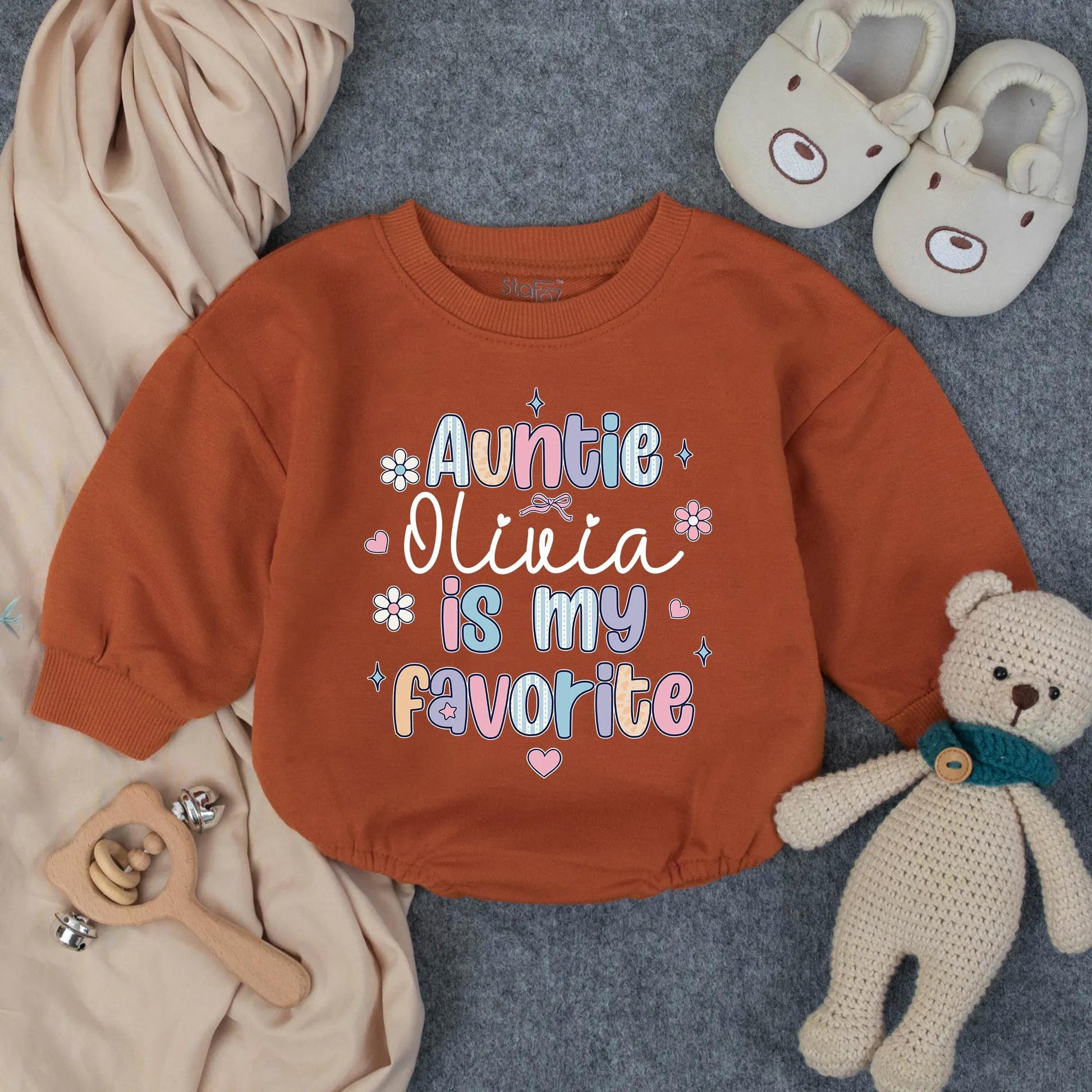 Customized Auntie Olivia is My Favorite Baby Romper Pastel Whimsical Font Cute Hand-drawn Design New Aunt Gift Infant Bodysuit Toddler Outfit